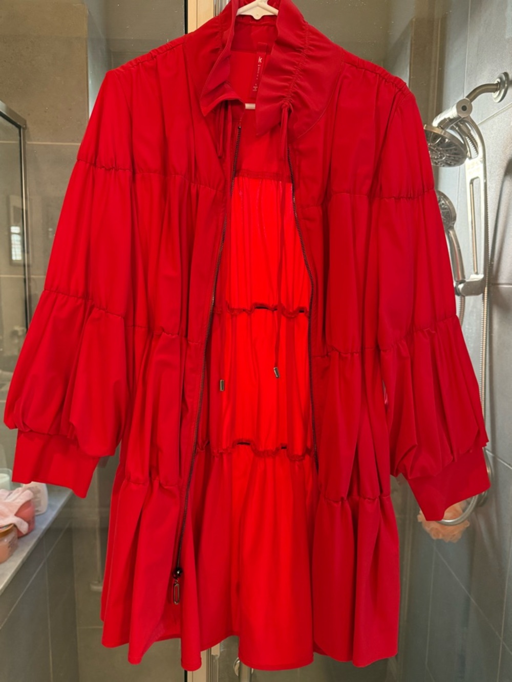 Red Tiered Zip-Front Women's Light Long Jacket